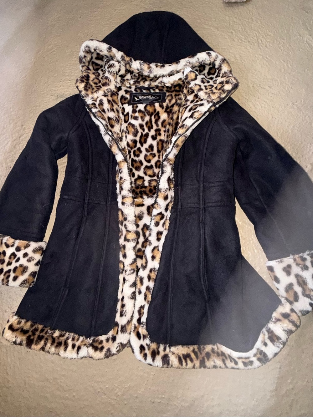 Hawke & Co Black Hooded Kids Coat with Leopard Faux-Fur Trim